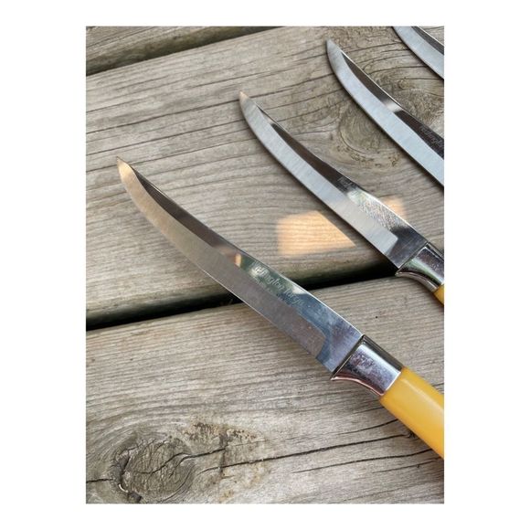 Vintage Bakelight Handle Steak Knife Set x 6 Butterscotch Washington Forge Steel - Picture 7 of 14